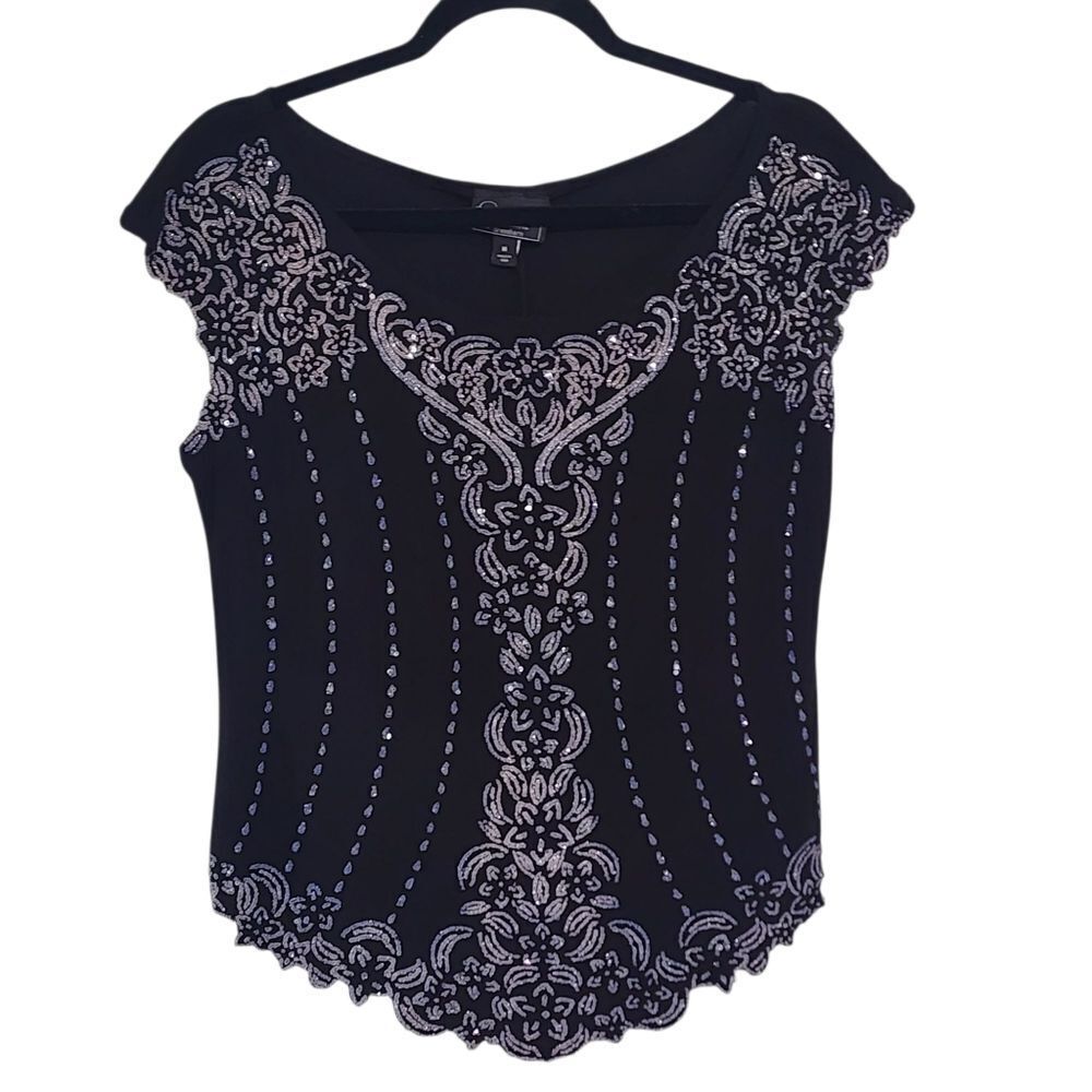 Vintage Top M Black Beaded Seqin Whimsigoth Dark Fairy Western Cowgirl Festival